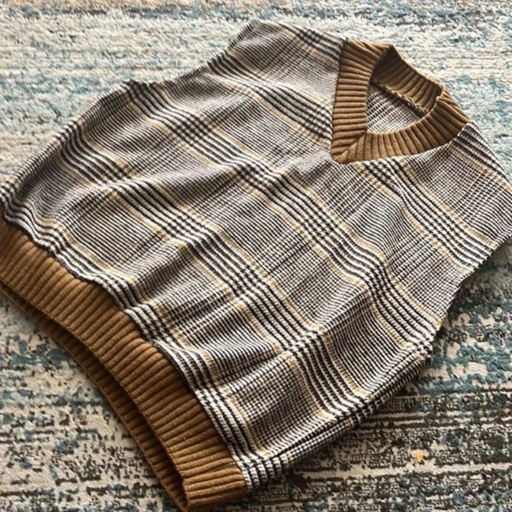 OAK + FORT Brown and Gray Plaid Sweater Vest